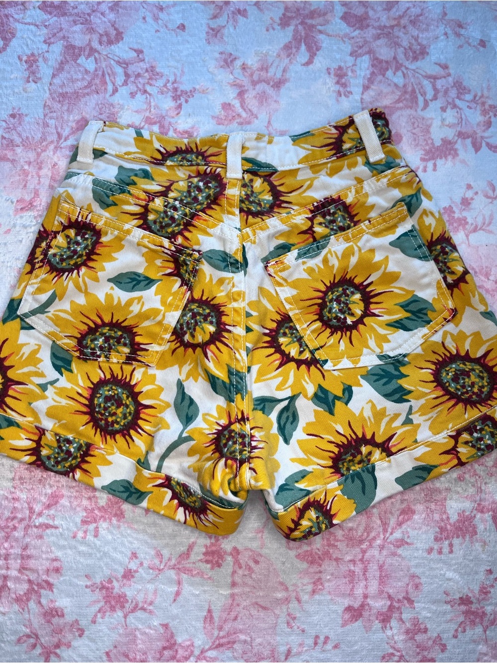 Vintage American Apparel Yellow Sunflower Print High-Waist Shorts - Picture 2 of 5